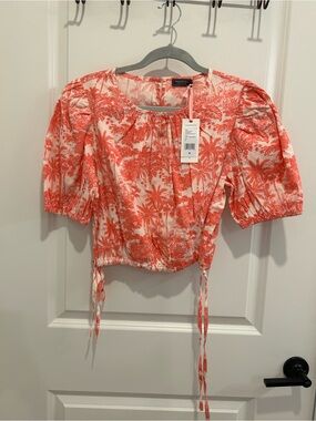Vineyard Vines Coral Palm-Print Puff Sleeve Crop Top